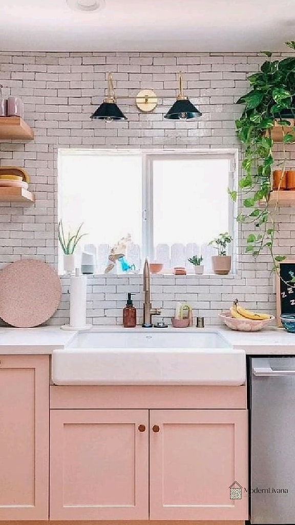 24 Pink Kitchen Ideas to Inspire Your Next Renovation 8 Peel-and-Stick Pink Wallpaper Accent Wall