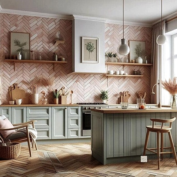 24 Pink Kitchen Ideas to Inspire Your Next Renovation 12 Pink Herringbone Backsplash