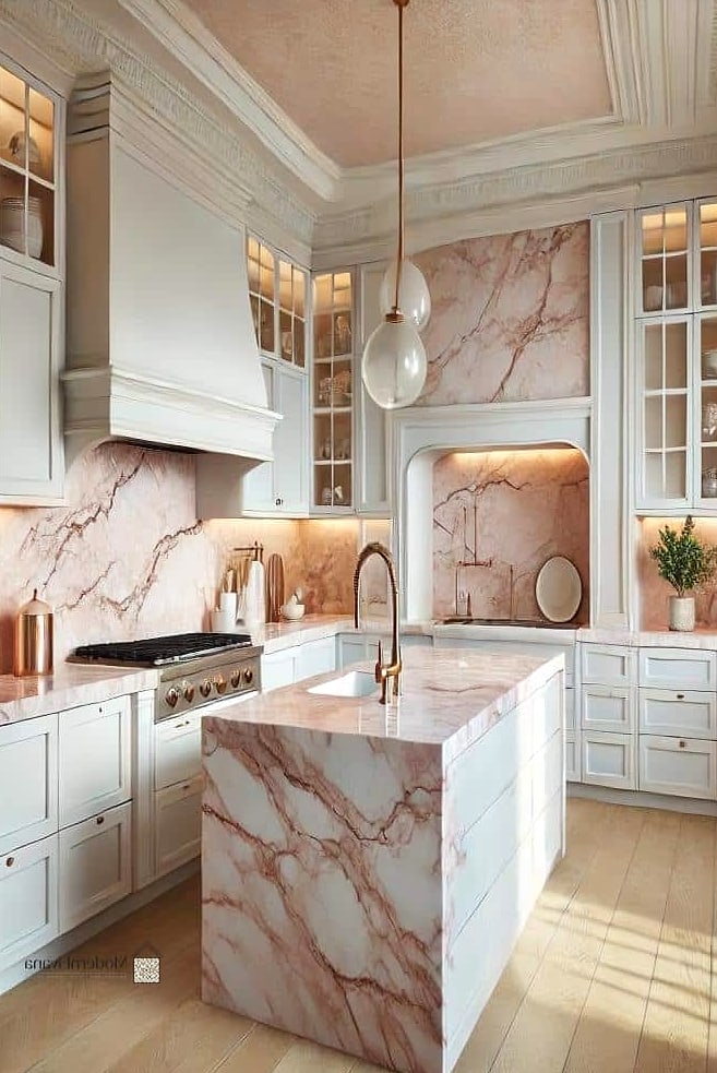 24 Pink Kitchen Ideas to Inspire Your Next Renovation 7 Pink Marble Countertops