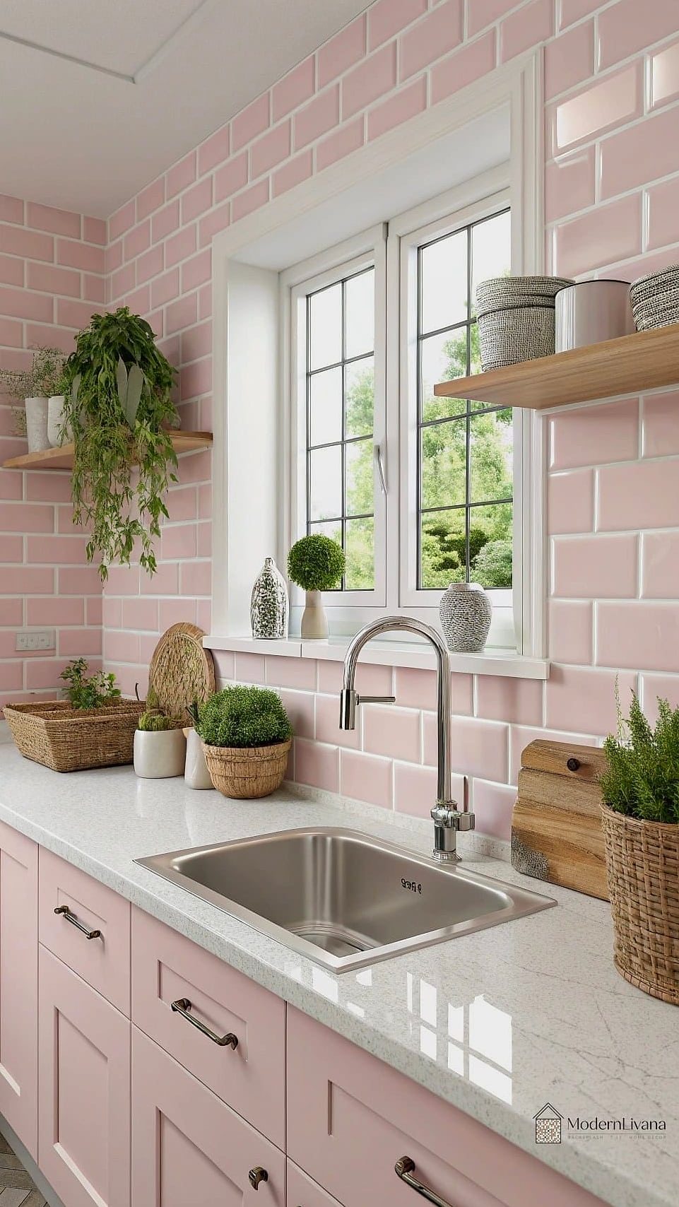 24 Pink Kitchen Ideas to Inspire Your Next Renovation 4 Pink Subway Tile Backsplash
