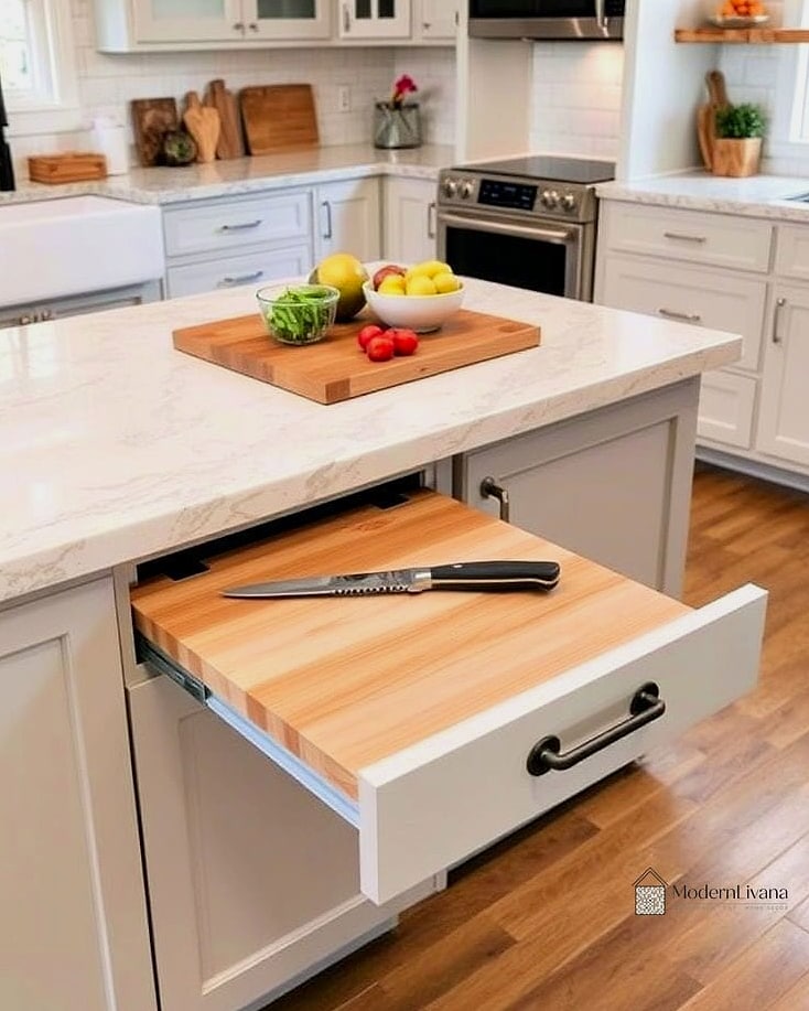 A Pull-Out Cutting Board Above a Trash Drawer