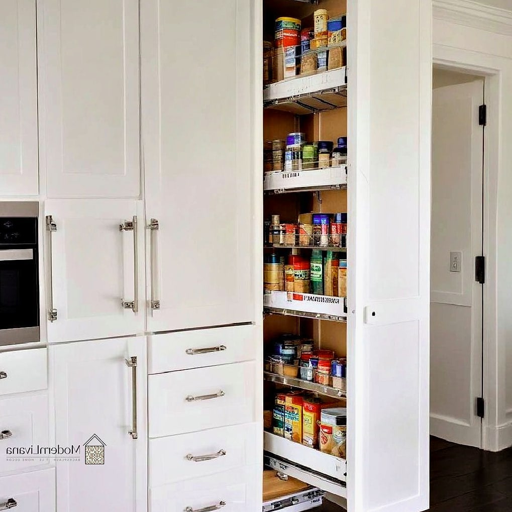 A Pull-Out Pantry Cabinet Beside the Fridge