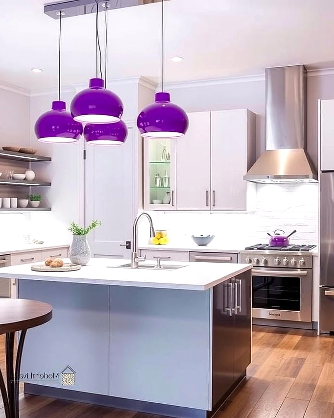 29 Purple Kitchen Ideas That Are Stylish and Practical 13 Purple Pendant Lights Over the Island