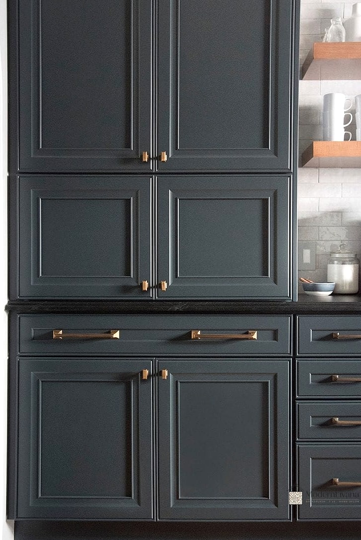 Raised Panel Cabinets with Brass Cup Pulls