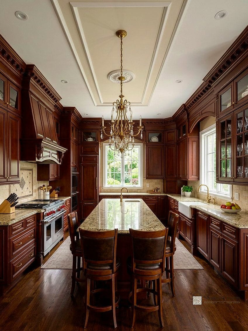 Raised Panel Cabinets with Wood Range Hood