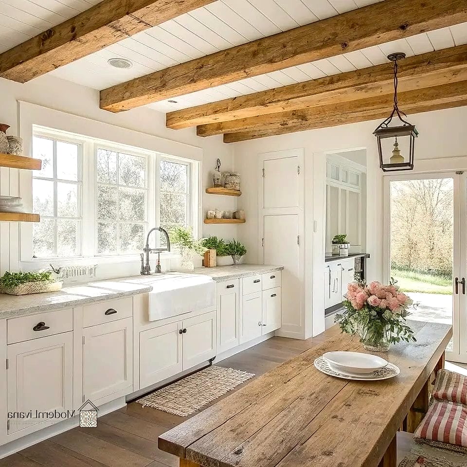 28 White Farmhouse Kitchen Ideas That Look Expensive But Aren't 26 Reclaimed Wood Floating Shelves