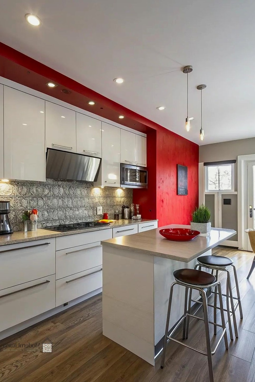 Red Accent Wall Behind Open Shelving