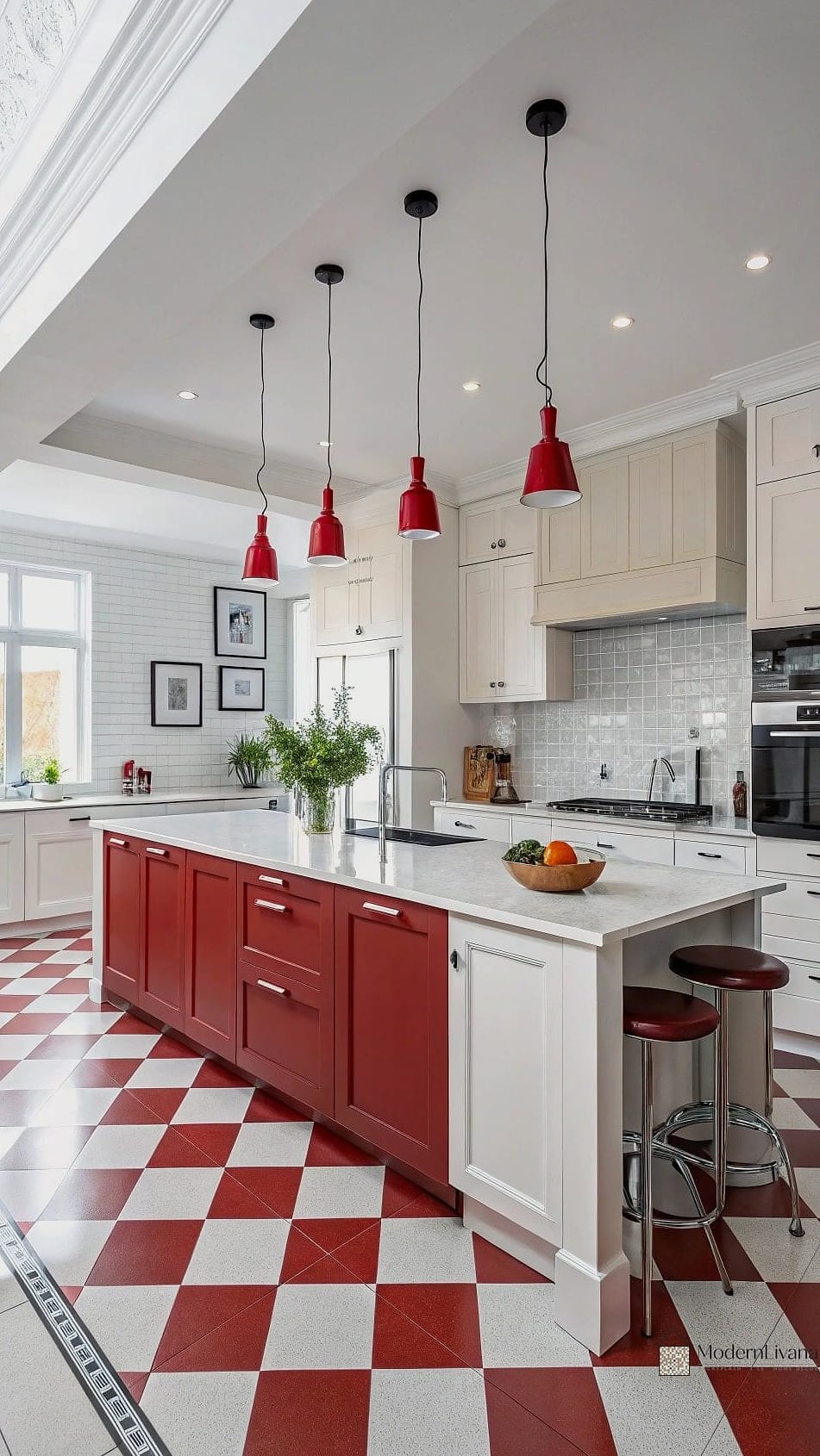 Red Kitchen with Checkerboard Floor Tile