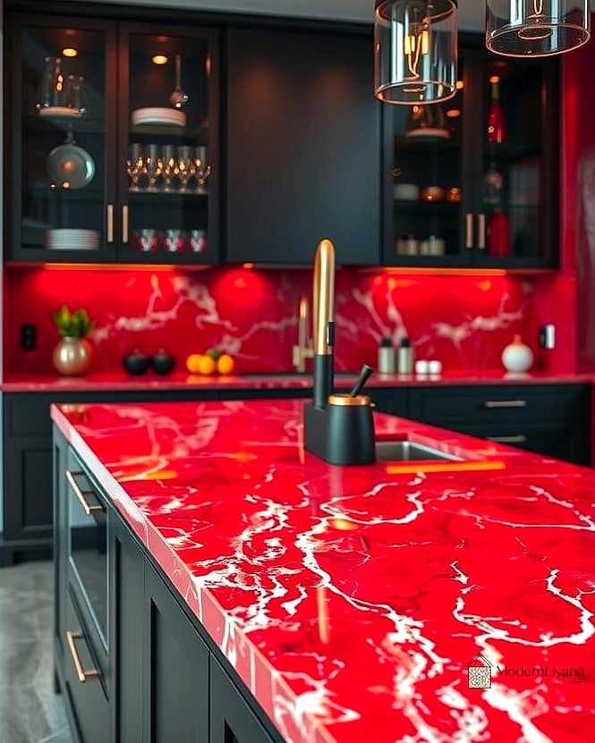 Red Kitchen with Marble Countertops