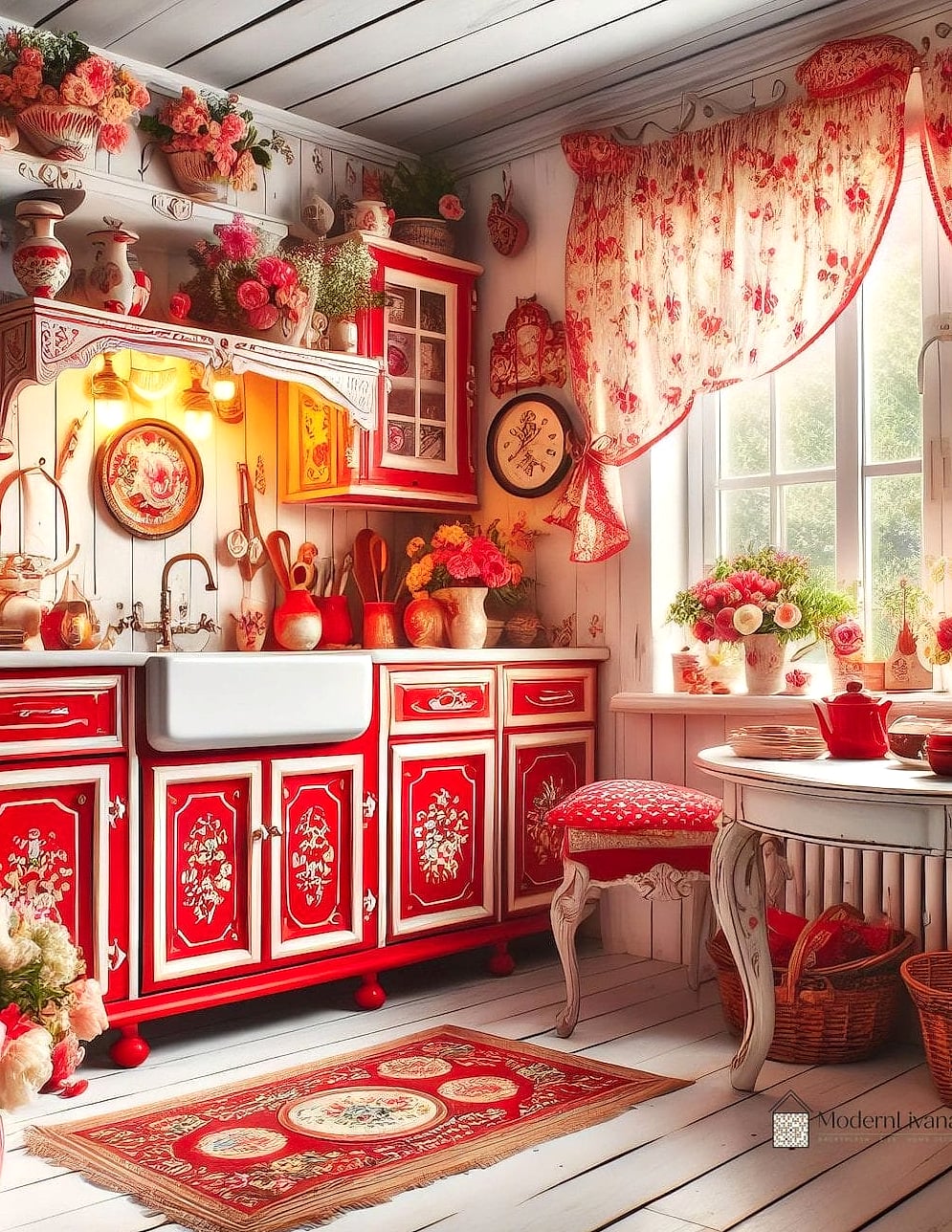 Red Kitchen with Vintage-Inspired Hardware