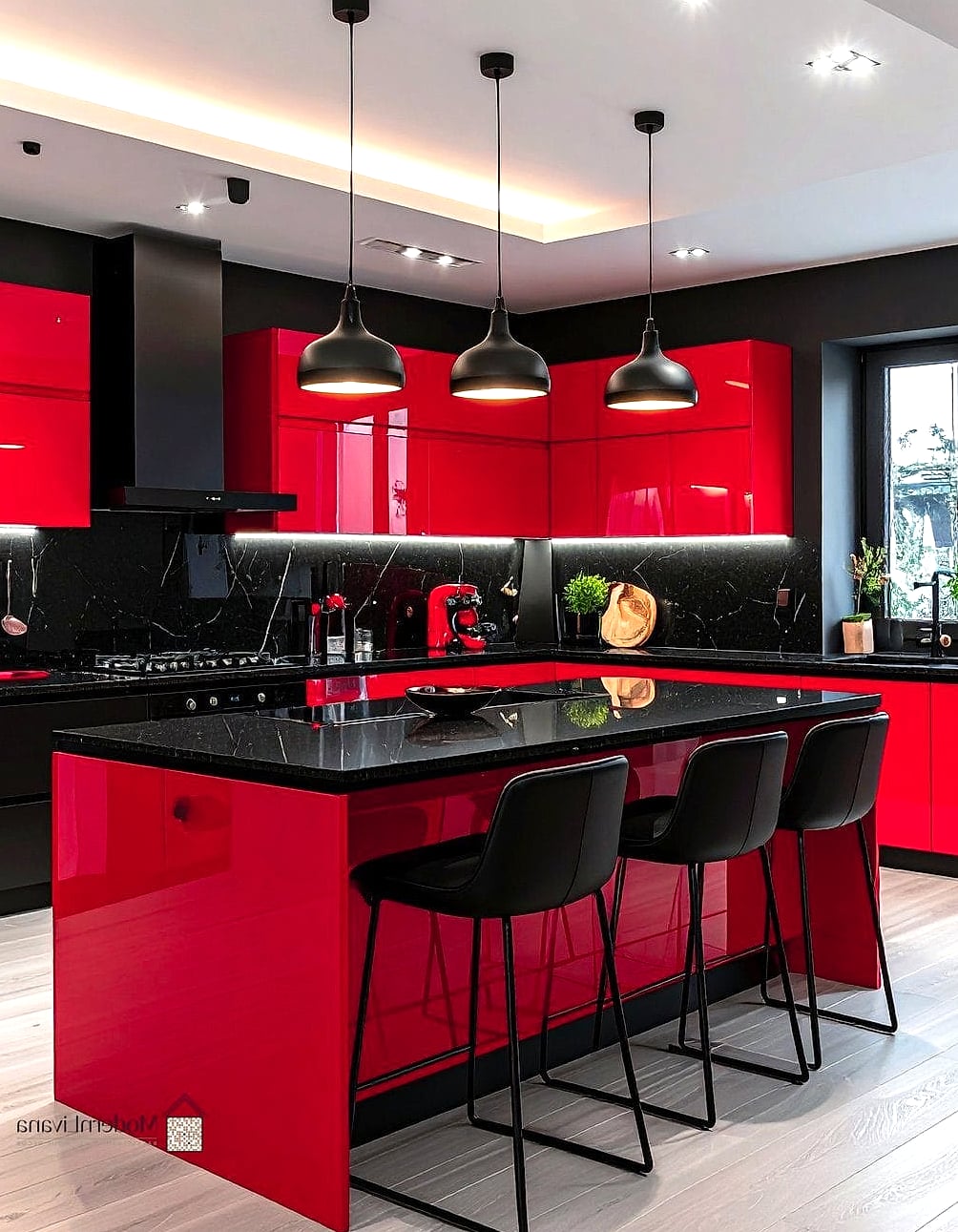 Red Kitchen with Matte Black Faucet and Fixtures