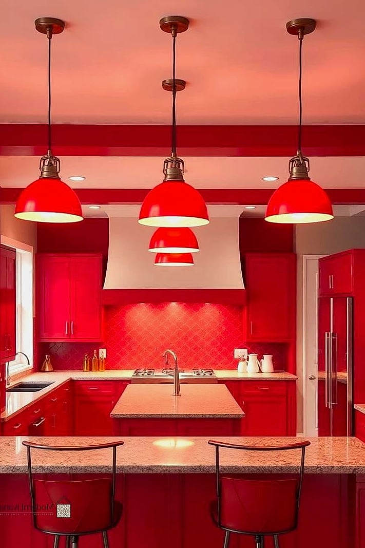 Red Kitchen with Layered Lighting