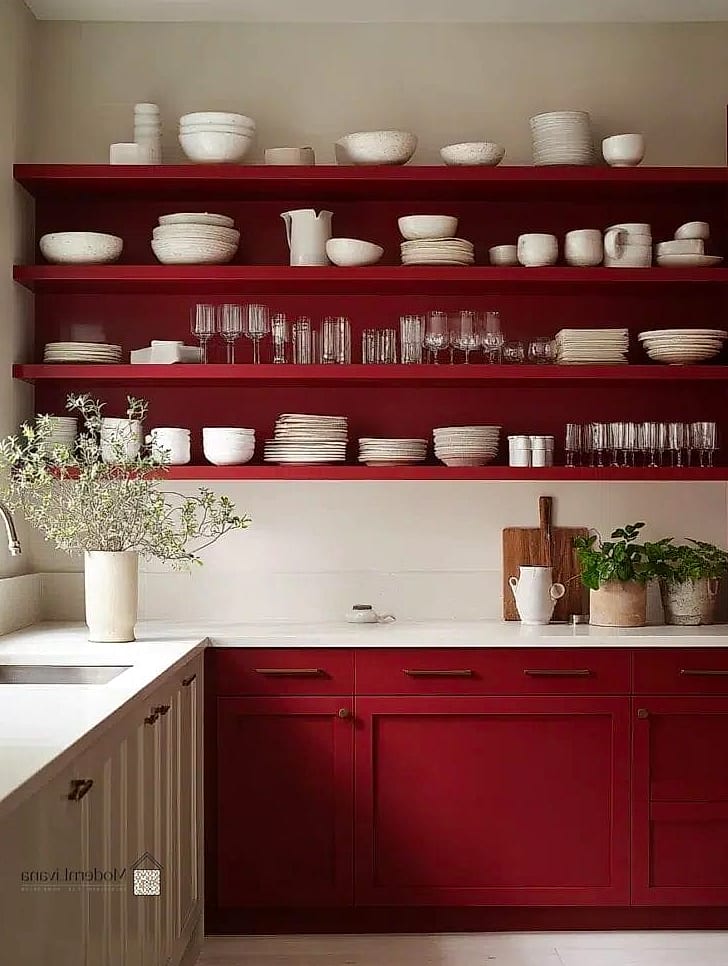 Red Open Shelving with Wood Brackets