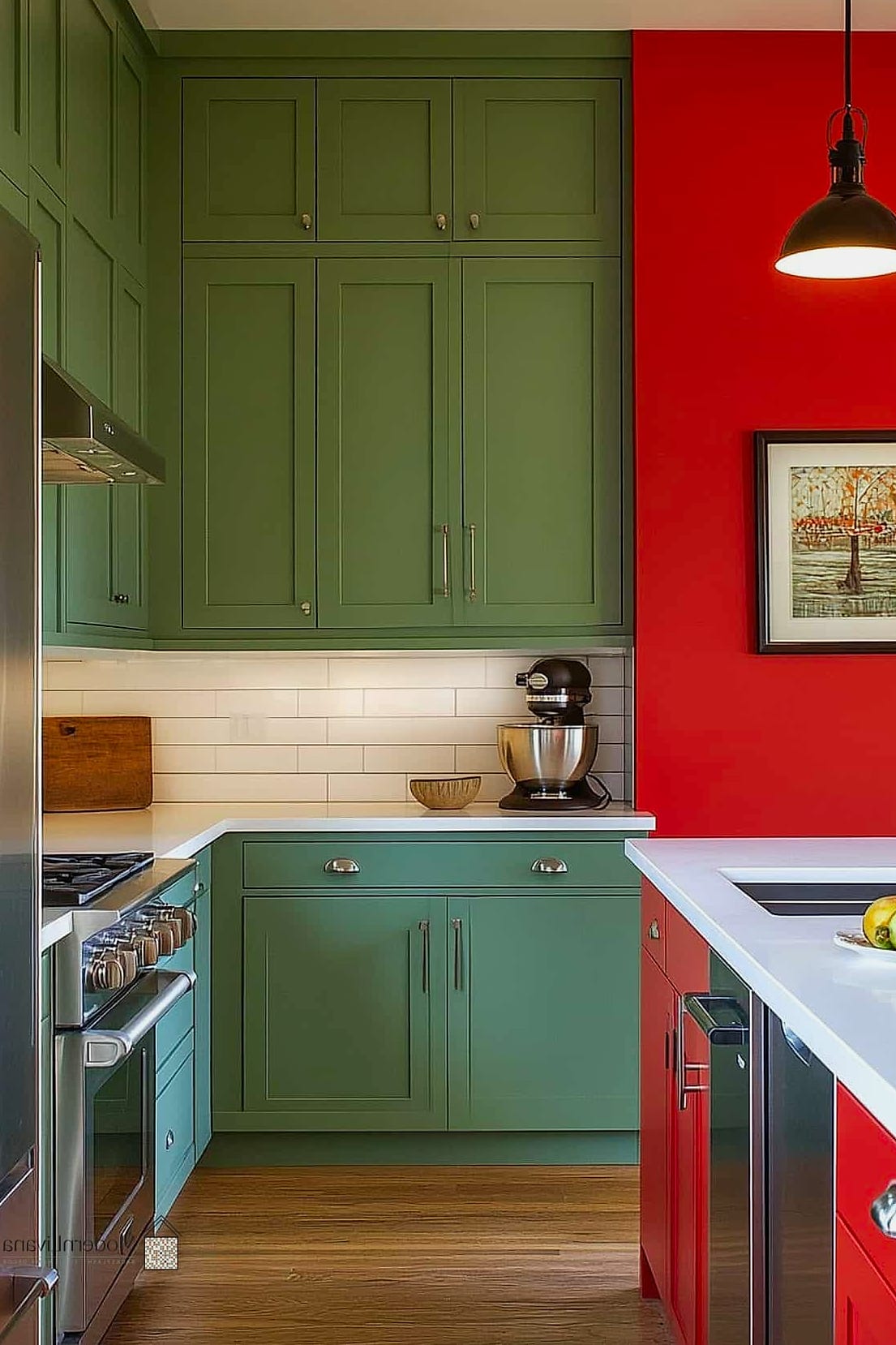 Red and Sage Green Kitchen Pairing