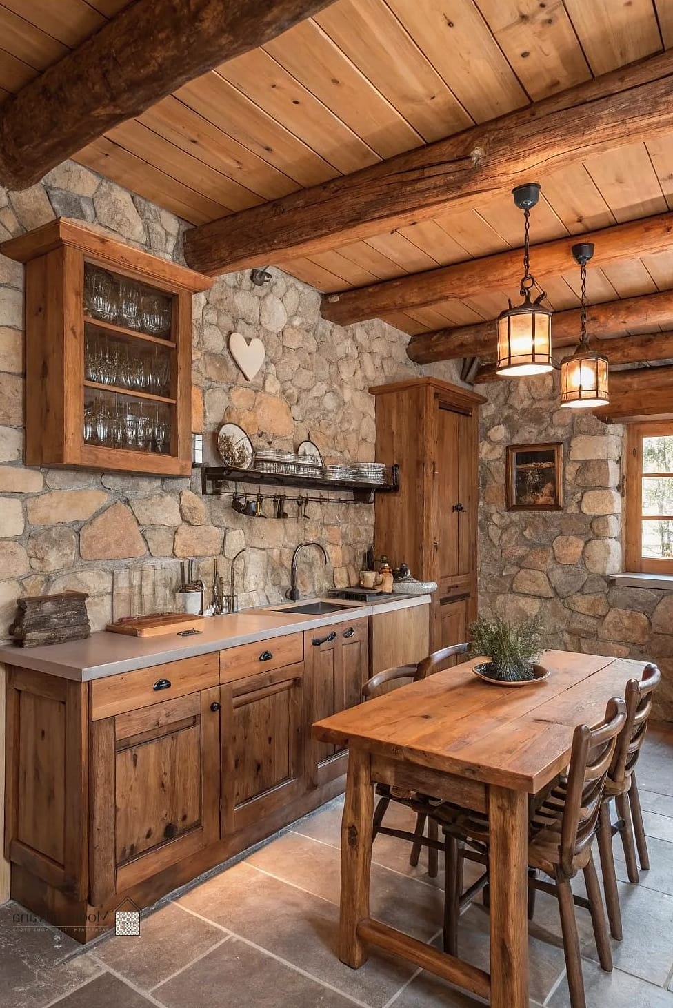 Rustic Log Cabin Style Wood Backsplash
