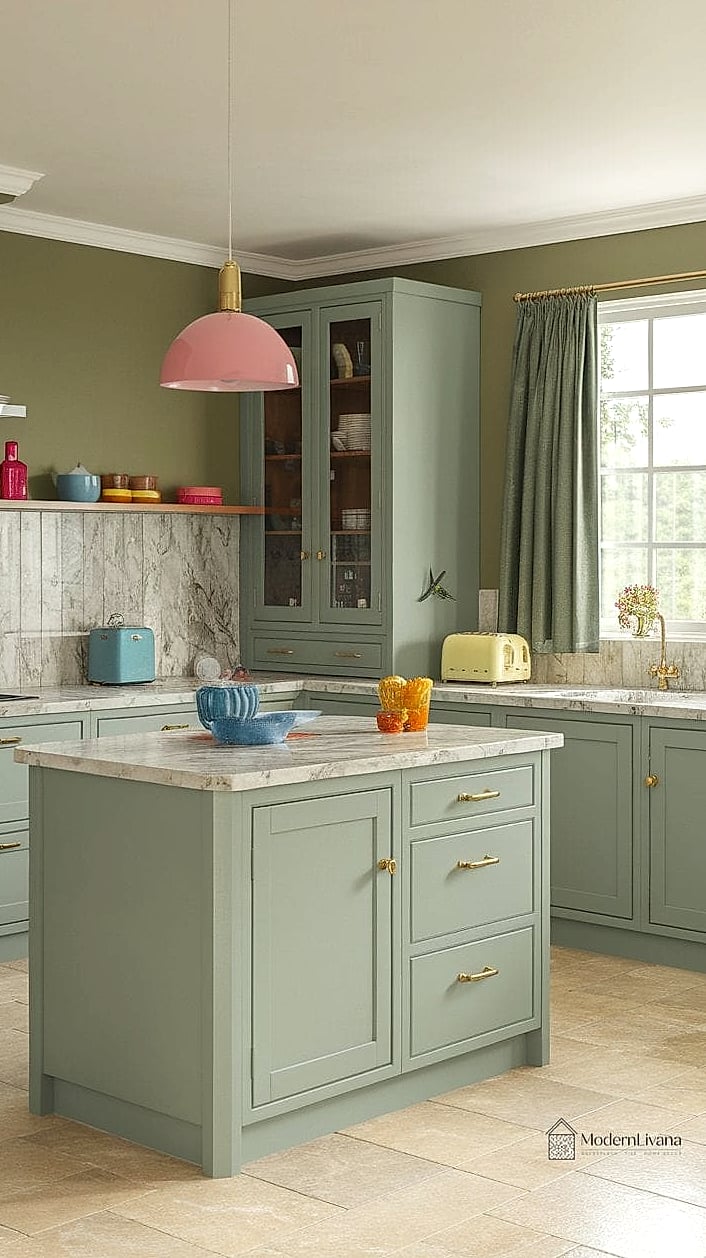 29 Colorful Kitchen Ideas That Look Expensive But Aren't 17 Sage Green Cabinets with Wood Accents