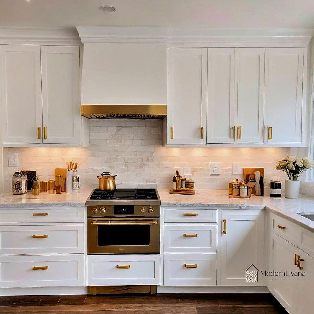 26 White Cabinets Ideas That Look Expensive But Aren't 2 Shaker Style Cabinets with Brushed Brass Hardware