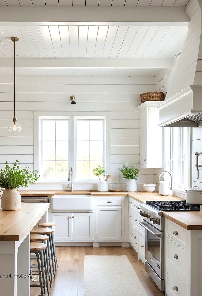 28 White Farmhouse Kitchen Ideas That Look Expensive But Aren't 2 Shiplap Accent Wall Behind Open Shelves