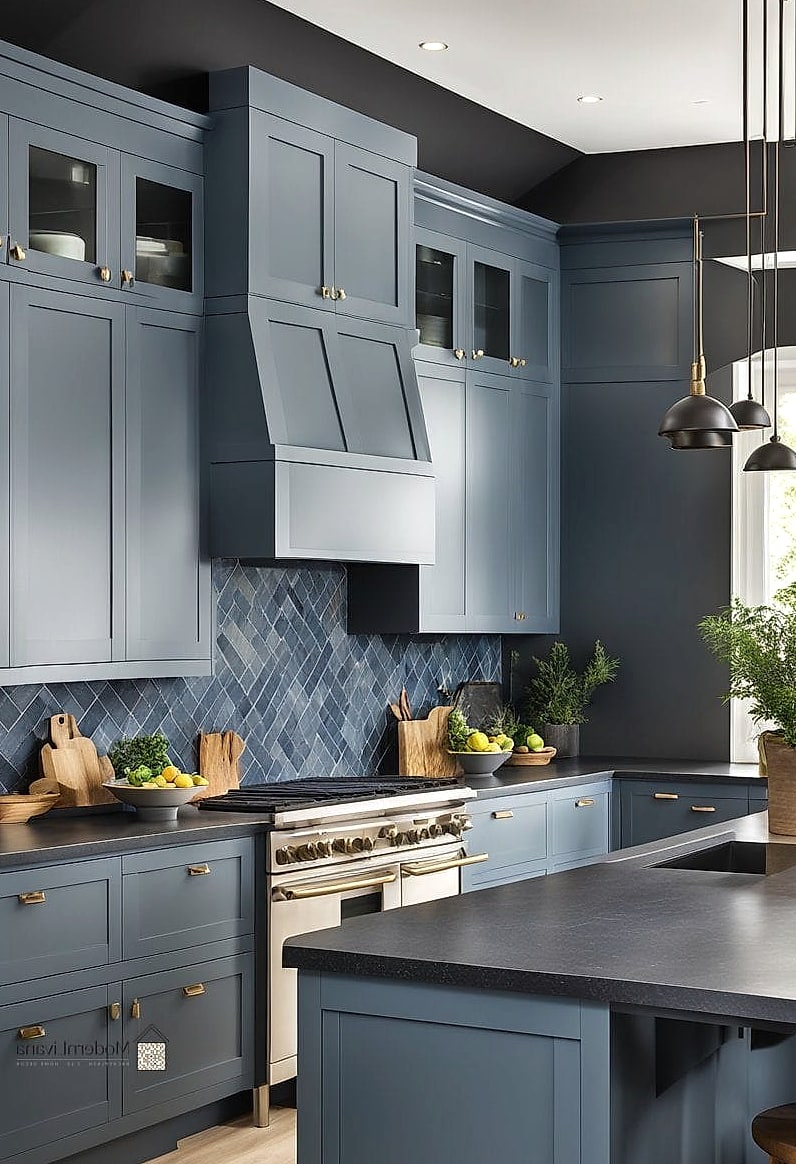 Slate Blue Walls with White Cabinets