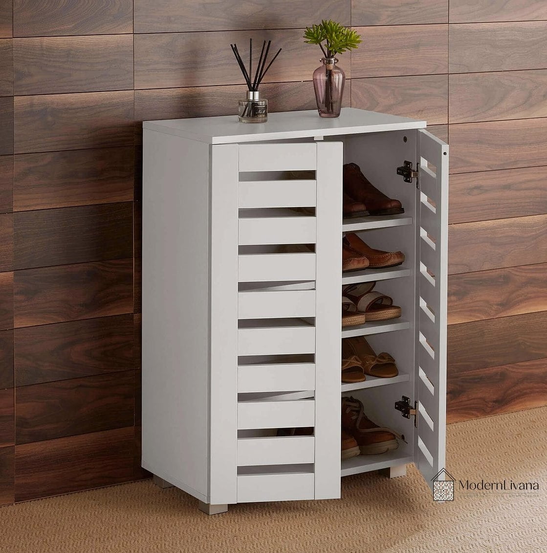 Slatted White Wood Cabinet