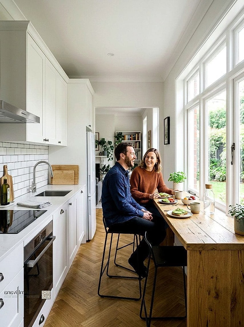 28 Galley Kitchen Ideas Worth Bookmarking Before You Renovate 27 A Small Breakfast Nook at the End