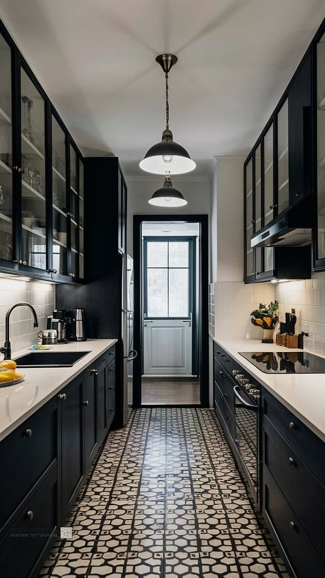 Small Galley Kitchen in Black and White