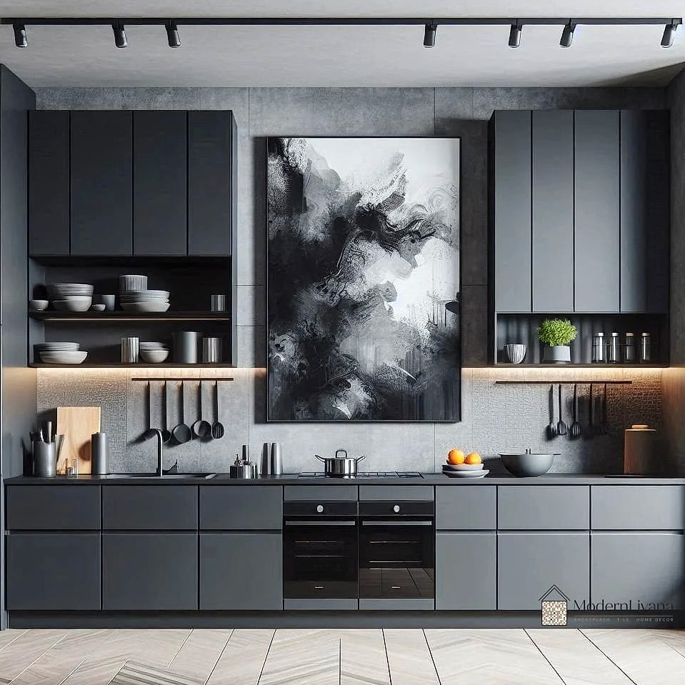 Soft Gray Walls with Black Metal Shelving