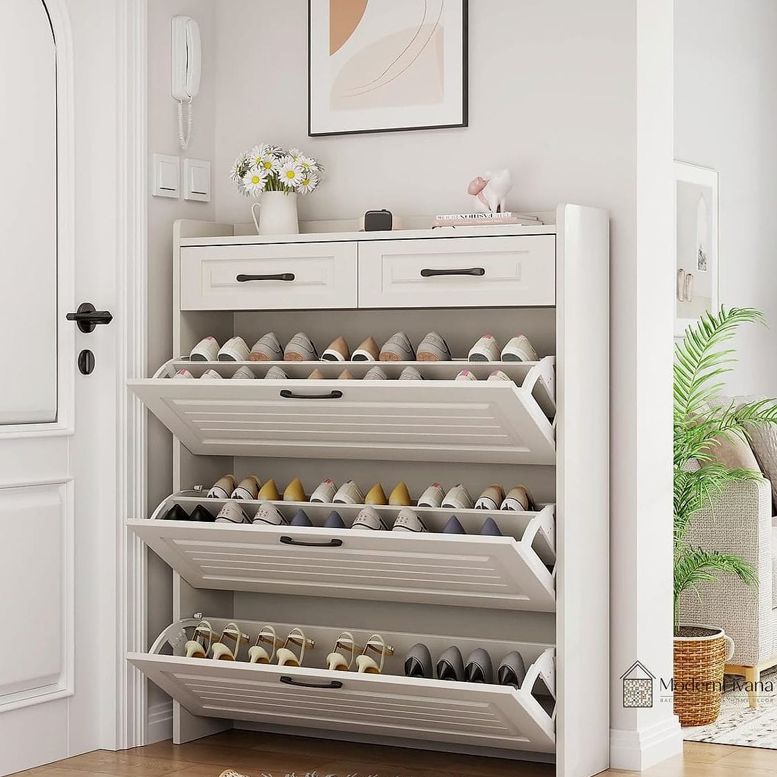 Tall White Cabinet with Hidden Bench Seat