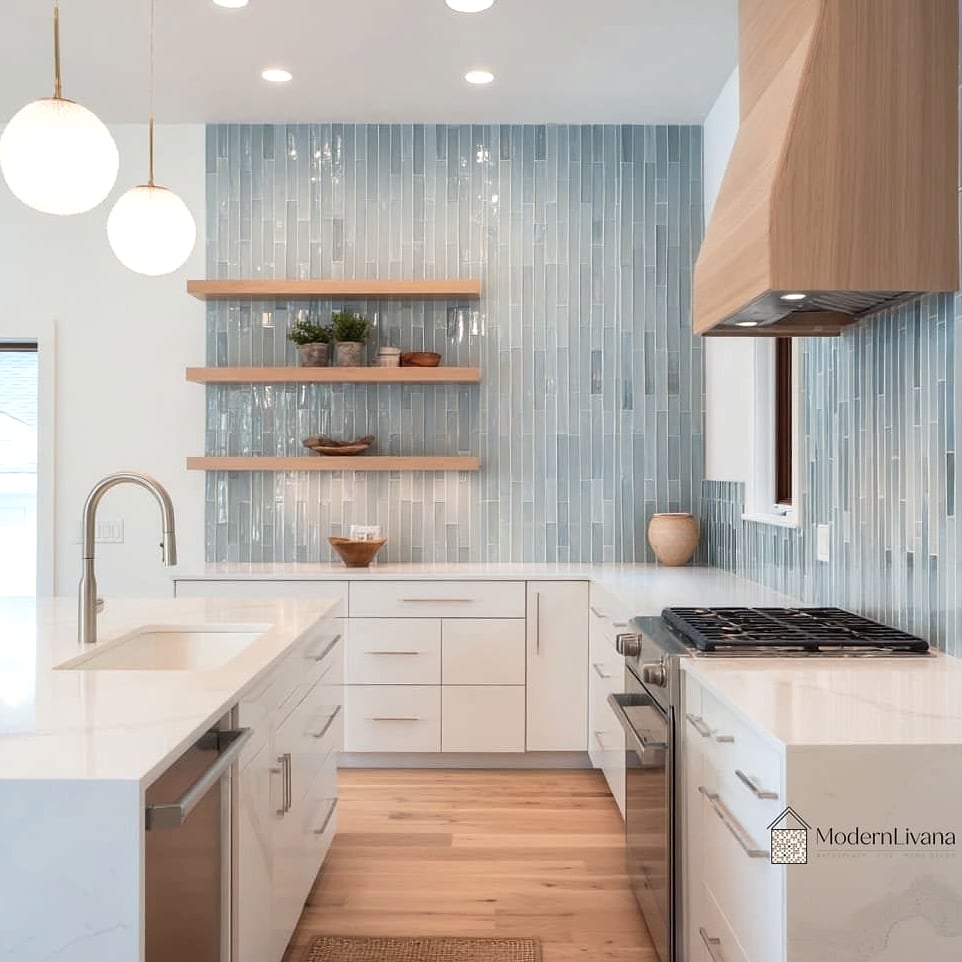 Tile Backsplash That Extends Behind Open Shelving