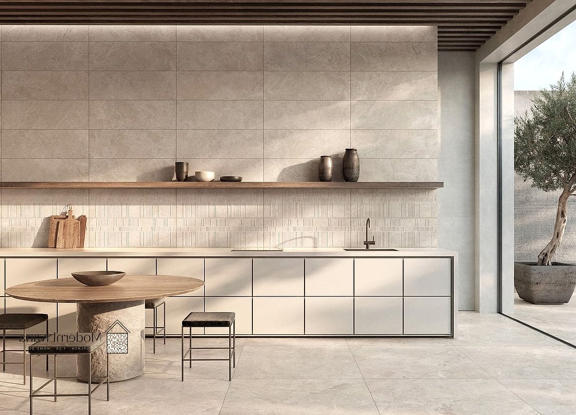 Tile Runs Behind Floating Shelves as a Feature Wall