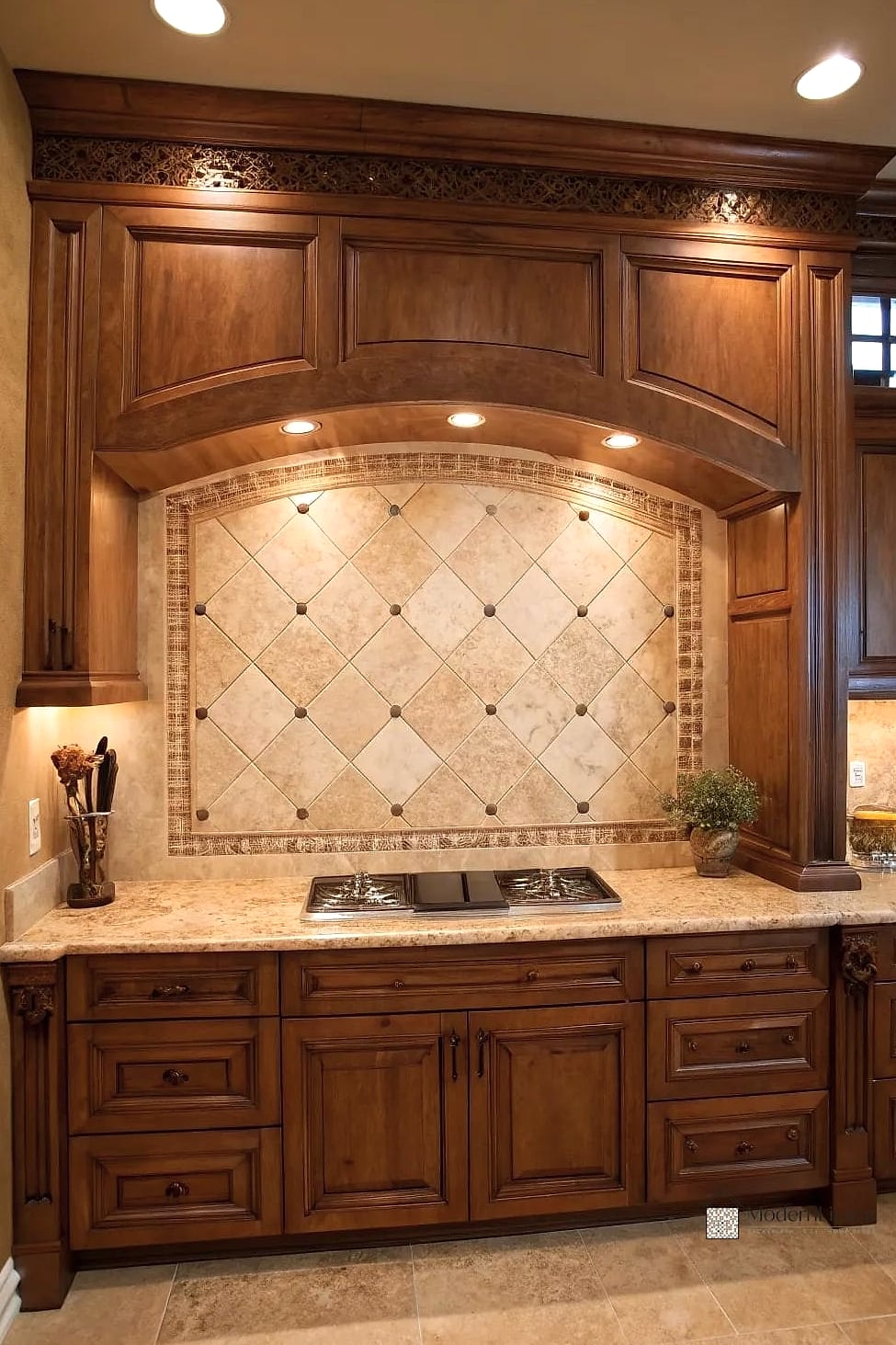 Travertine Accent Strip Within Ceramic Subway Tile