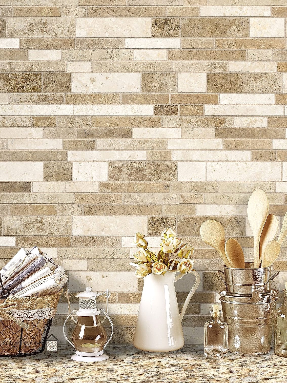 Travertine Subway Tile in a Bathroom Vanity Area