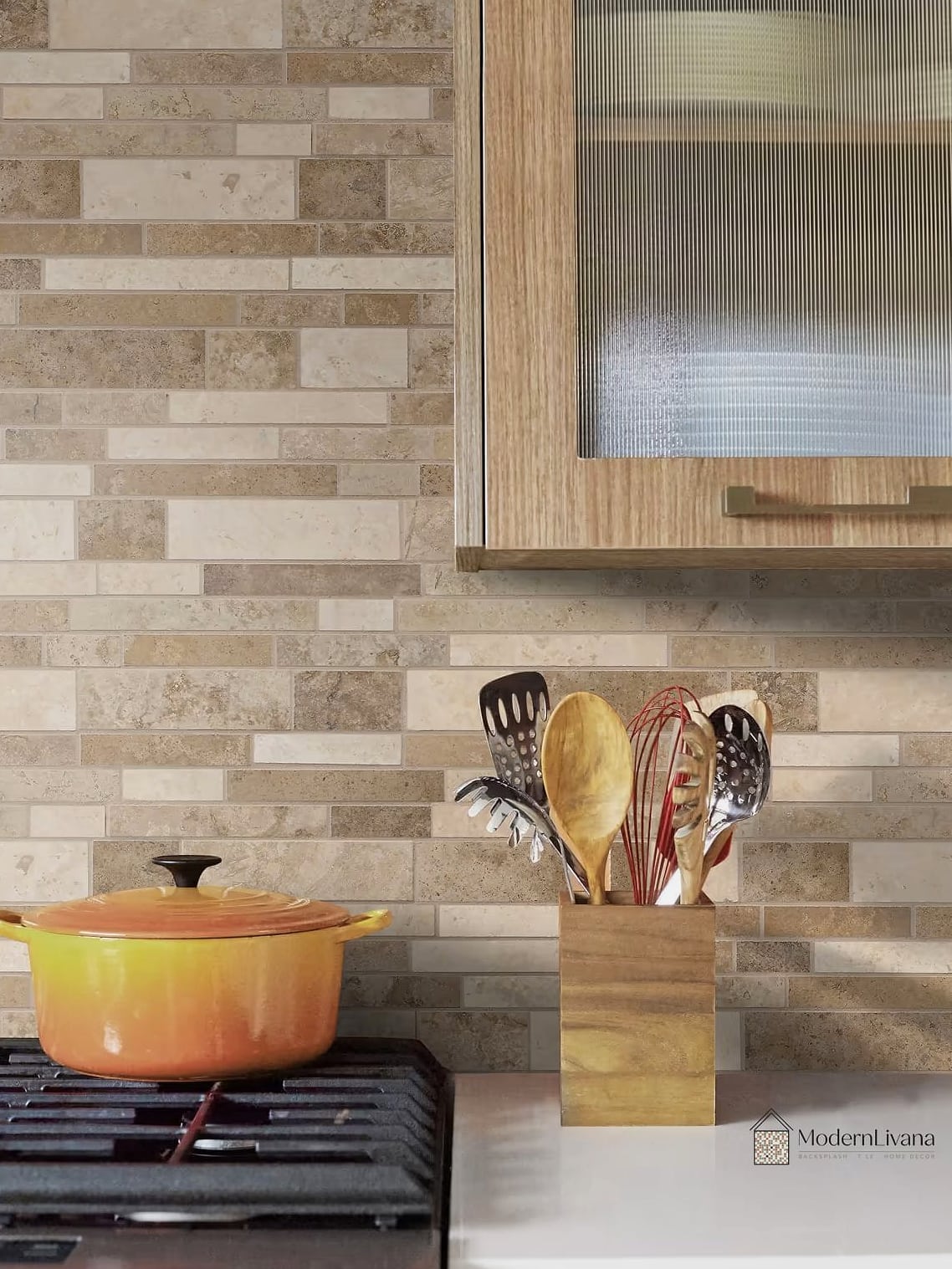 Travertine Subway Tile with a Waterfall Countertop Edge