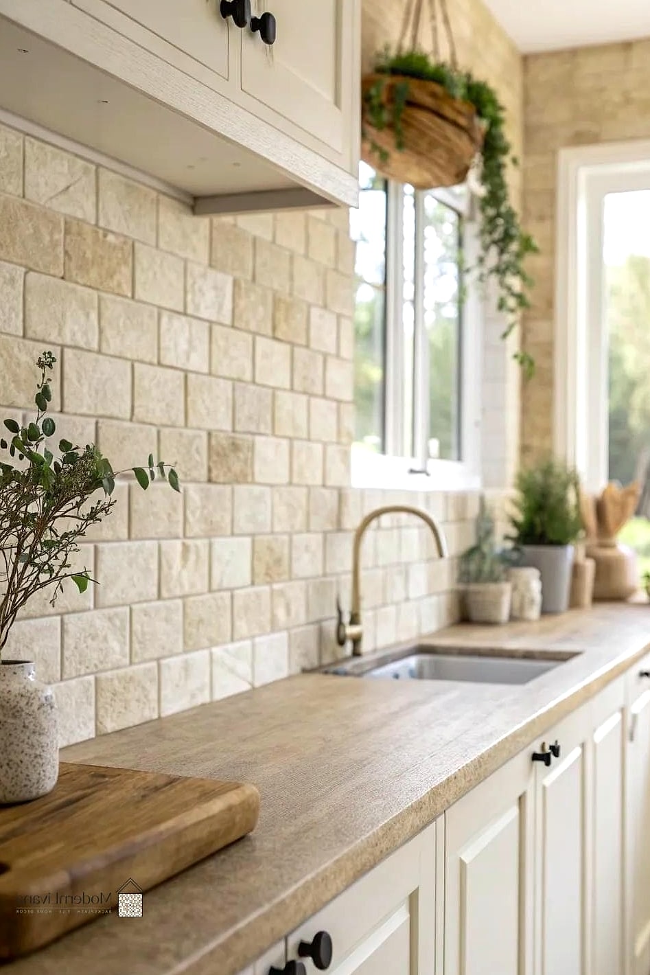 Travertine with Warm Wood Open Shelving