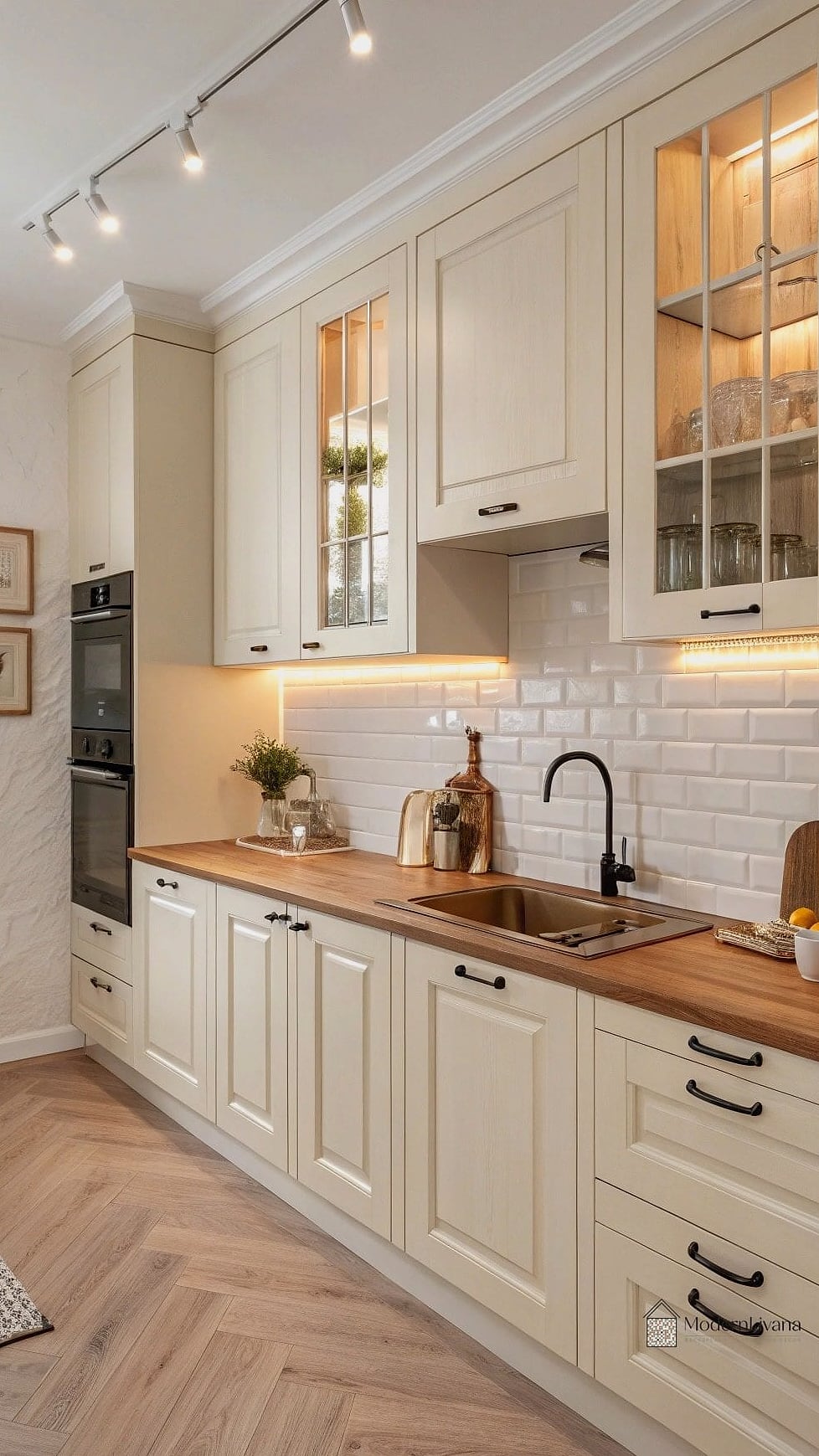 Two-Tone Cream and Wood Cabinets