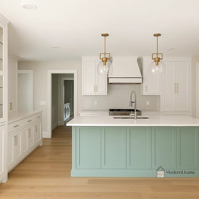 Two-Tone White and Sage Green Cabinets