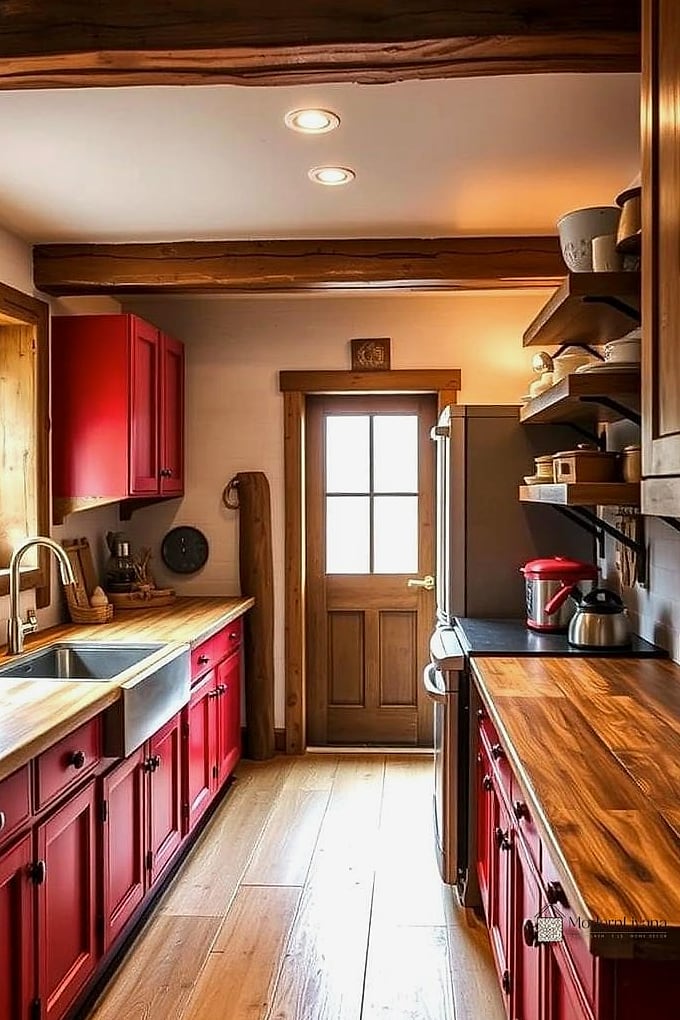 Two-Tone Red and Wood Kitchen