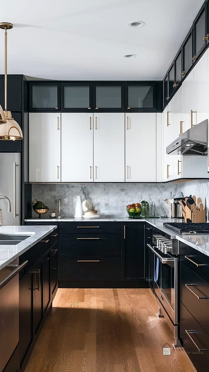 Two-Tone Kitchen with Black Cabinets and White Farmhouse Sink