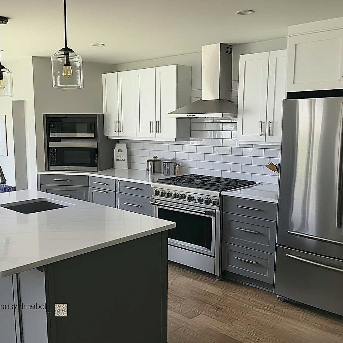 Two-Tone Cabinets with White Uppers and Gray Lowers