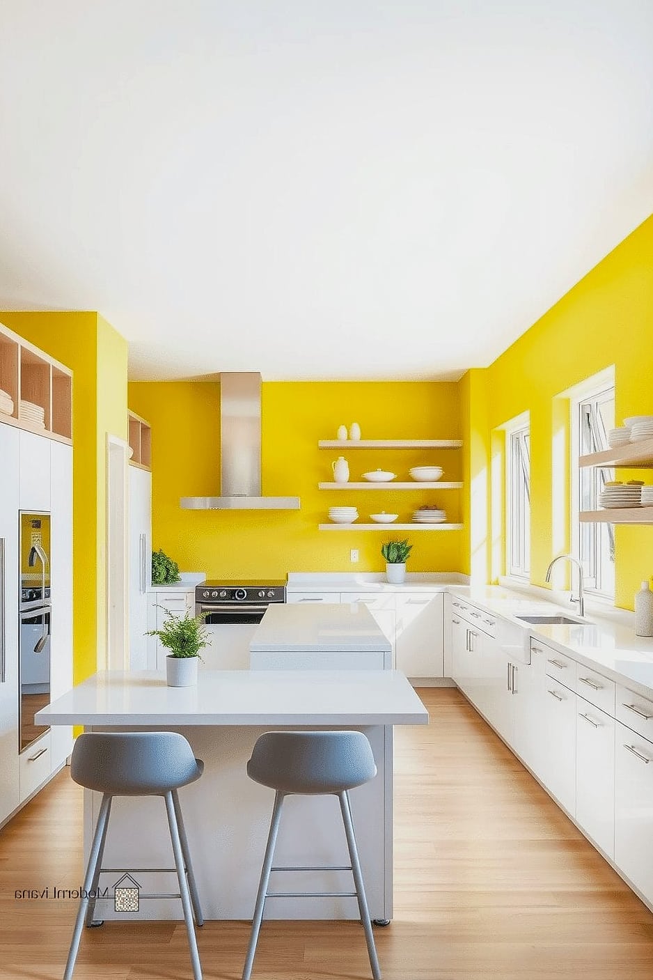 Two-Tone Yellow and White Cabinets
