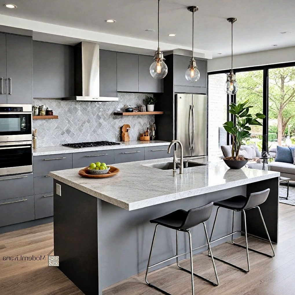 Two-Tone Gray Island with Wood Countertop