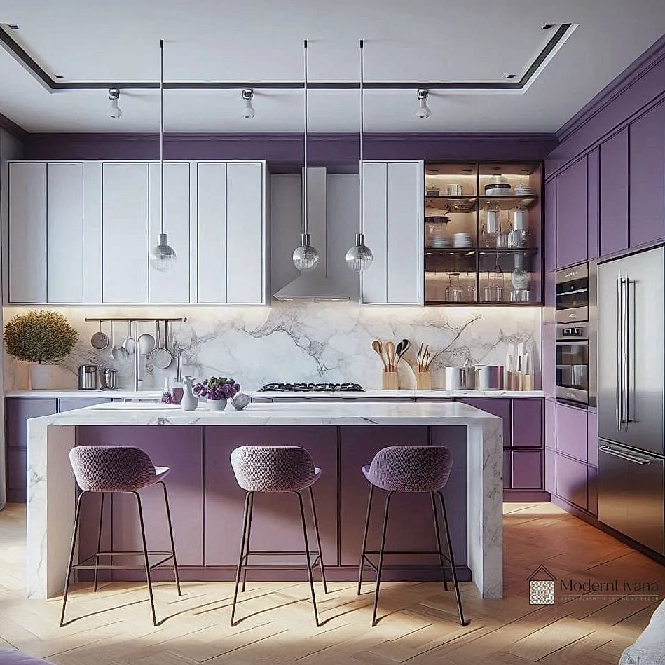 29 Purple Kitchen Ideas That Are Stylish and Practical 12 Two-Tone Purple and White Cabinetry