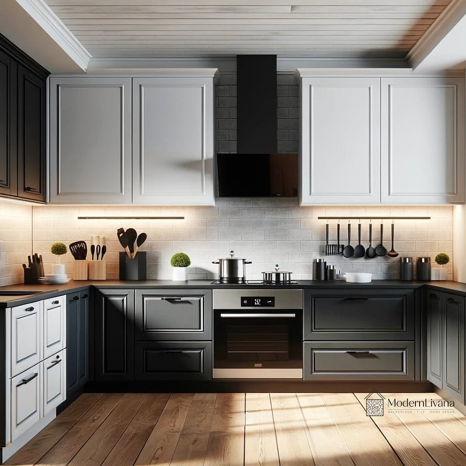 30 Black Kitchen Ideas You'll Want to Save Right Now 11 Two-Tone Black and White Kitchen