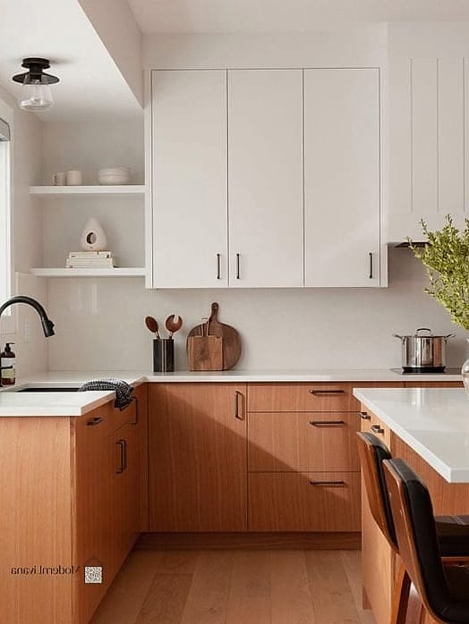 25 Flat Panel Kitchen Ideas That Will Transform Your Space 15 Two-Toned Upper and Lower Cabinets