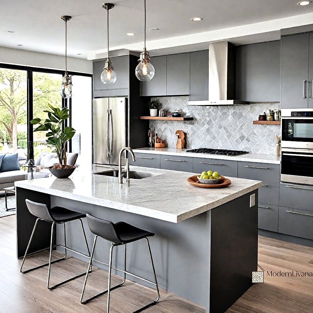 23 Modern Gray Kitchen Ideas That Are Stylish and Practical 17 Two-Toned Gray Kitchen Island with Contrasting Stools