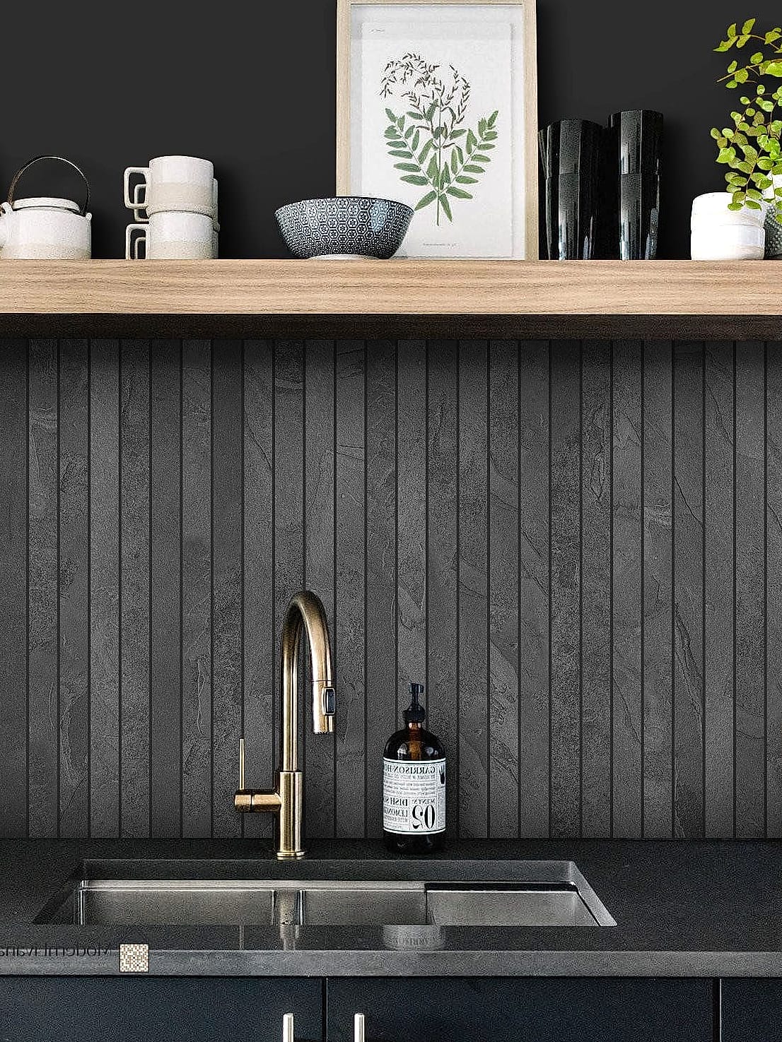 Vertical Black Subway Tile Behind the Range