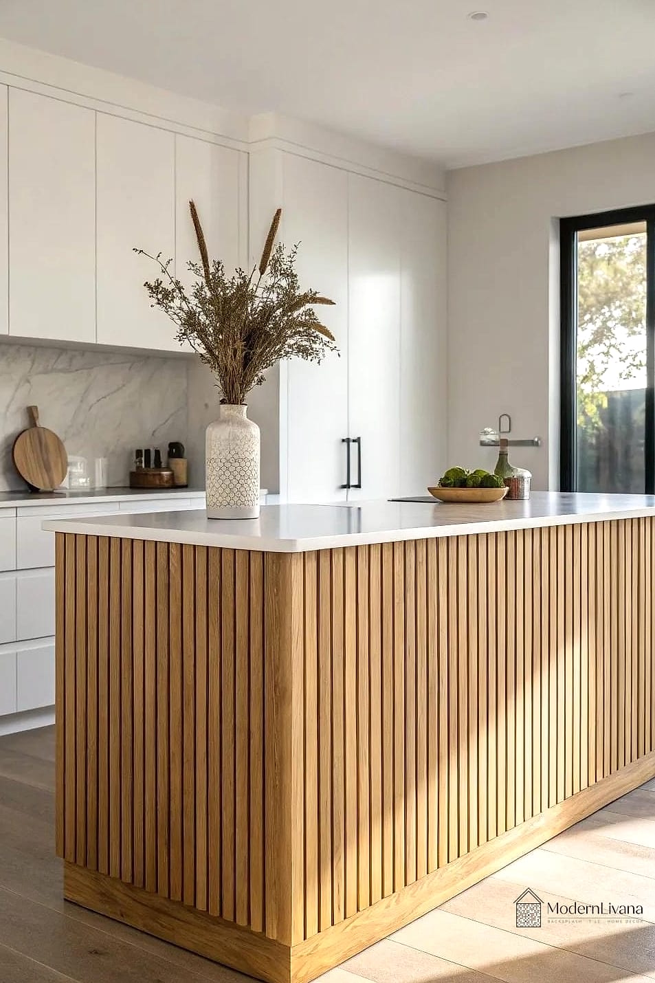 27 Minimalist Kitchen Ideas You Haven't Seen Before 19 Vertical Slat Wood Paneling on an Island
