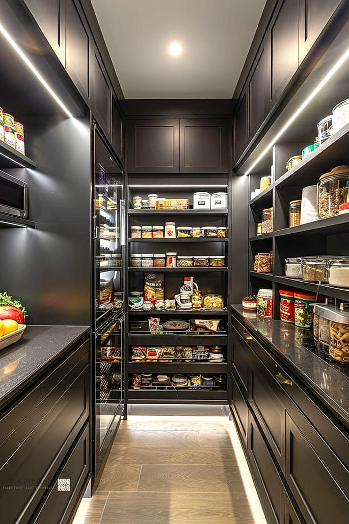A Walk-In Pantry With Custom Shelving