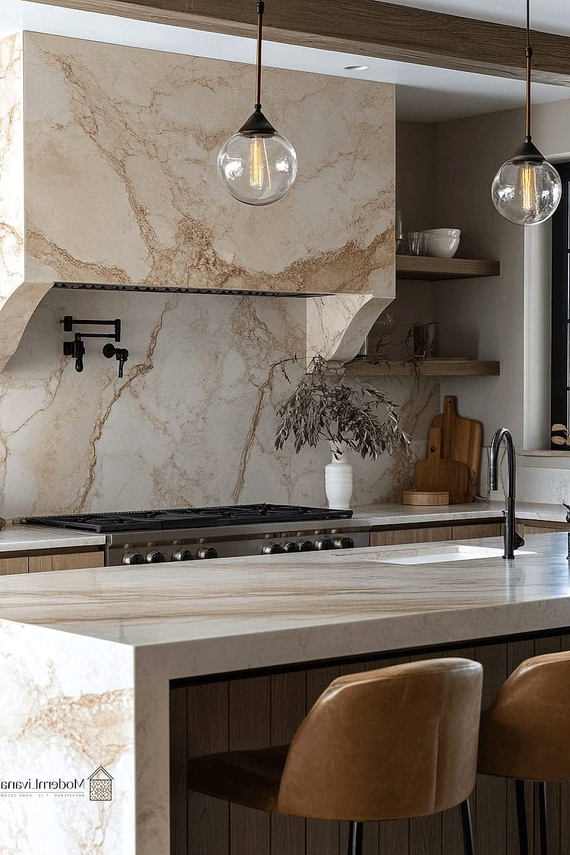 Warm Beige Marble Slab Backsplash