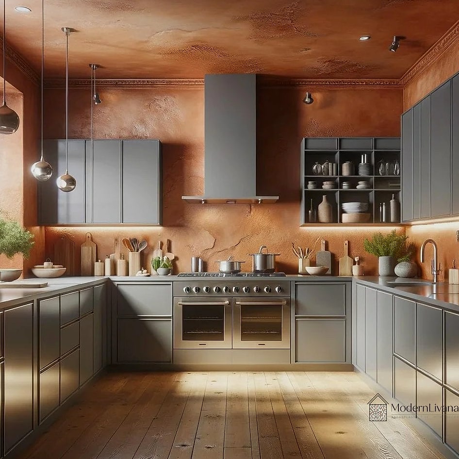 Warm Gray Walls with Wood Open Shelving